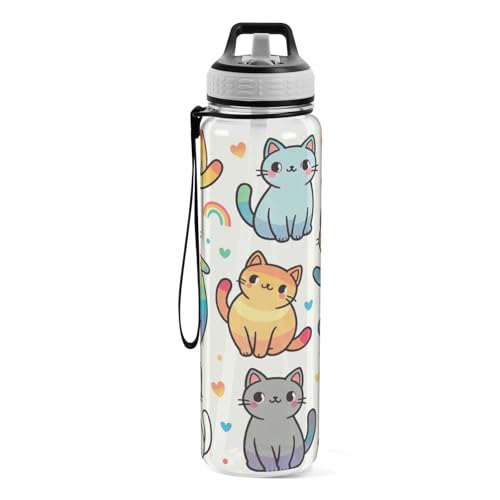 Rainbow Cute Cat 32 oz Water Bottle - Clear Tritan, BPA-Free, LeakProof with Carry Strap for Sports, Gym & Outdoor Activities - color: E483