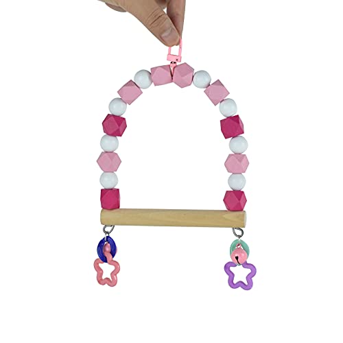 Small Bird Swings for Cage, Parrot Wooden Stand Perches Climbing Toys | Colorful Wood Beads with Bell,Parakeets Chewing Toy, Budgies Lovebirds Birdcage Playground Accessories - color: pink