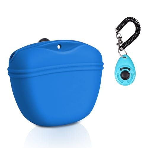 Left&Right Dog Clicker Training Kit,Silicone Dog Training Treat Pouch and Dog Clickers,Dog Treat Bag with Clicker Training for Dogs,Pet Treat Bag with Magnetic Buckle Closing and Waist Clip,Navy Blue - color: Navy Blue