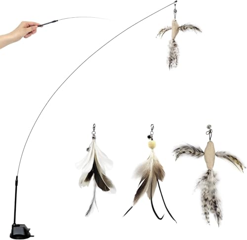 Cat Feather Wand Toy with Suction Cup, 2 in 1 Hands Free & Handheld Interactive Cat Teaser, Long Flexible Steel Wire Stick, 3 Replaceable Feather Bird Attachments with Bells for Indoor Kittens & Cats. - color: Classic Suction Toys (3 Refills）