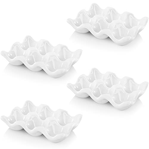 4 Pack 24 Cups Egg Tray Holders, Porcelain Egg Container for Countertop Fridge, Ceramic Eggs Keeper Storage Organizer, Tiny Egg Dispenser Serving Dish Serveware for Display, Kitchen, White