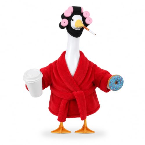 Old Lady Porch Goose Outfits 23 in Bathrobe Lawn Goose Costume Set Red | 23 Inch, for Porch Goose Cement or Plastic Statue, with Curlers Hat Coffee Cup Donut, Lawn Yard Garden Patio Decor - style: Bathrobe Red