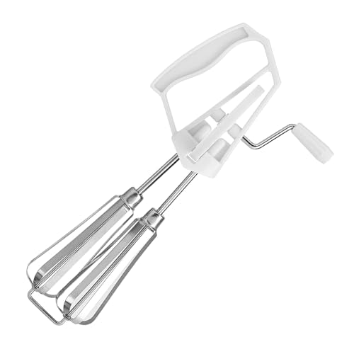 Egg Beater Hand Crank, Stainless Steel Manual Egg Whisk Mixer Handheld Rotary Hand Whip Kitchen Cooking Tool for Whisking Frothing Mixing (White) - color: White