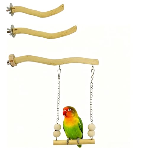 Bird Perch and Swing Set for Small Birds, Natural Wood Cage Accessories | 2-in-1 Integrated Perch with Hanging Swing for Budgies, Parakeets, Cockatiels & Lovebirds, Encourages Climbing & Activity - size: Medium