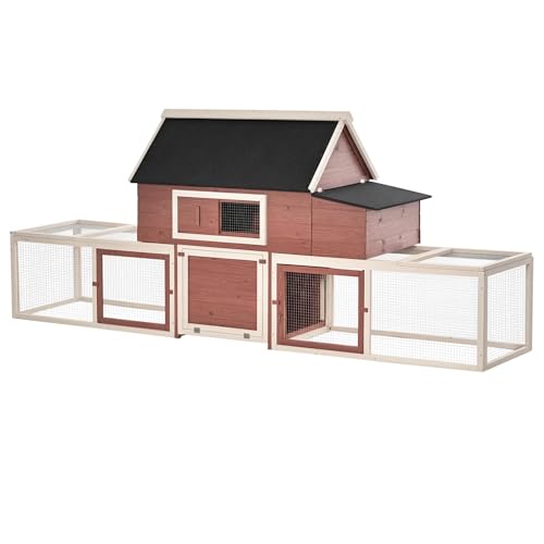 PawHut 114" Chicken Coop Wooden, Customizable Outdoor Chicken Cage Poultry Hen House with Nesting Box, Double Runs, Asphalt Roof, Ramp, for Garden Backyard | Outdoor Chicken Cage, Poultry Hen House, Asphalt Roof, Ramp, for Garden Backyard