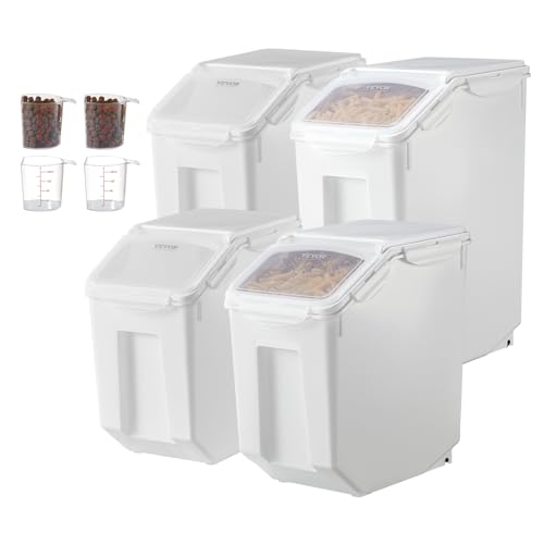 VEVOR Rice Storage Container, 3.5Gal/15Lx2 + 4.5Gal/20Lx2 Large Dog Food Dispenser Bin, Kitchen Ingredient Grain Cereal Bin, Pet food Containers with Wheels, 4 Measuring Cups, Airtight Lid, 4 Pack - size: 4.5 Gallon*2+3.5Gallon*2