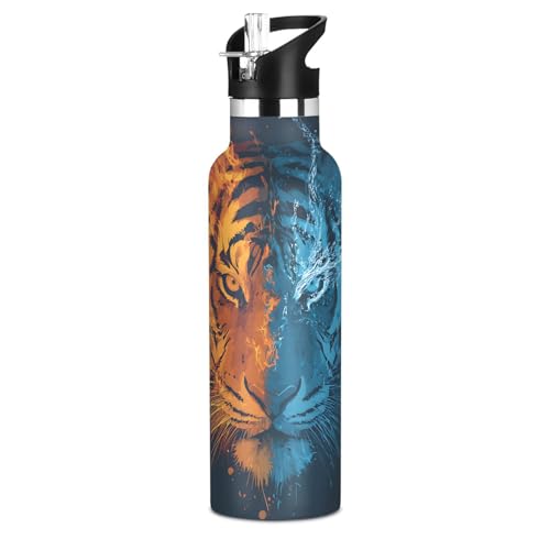 Tigers Water Bottles for Boys Tiger Leakproof Insulated Flask Jug Insulated Stainless Steel Travel Mugs Thermos Bottle Cups with Straw Lid for Sport 600ml - color: tigers face