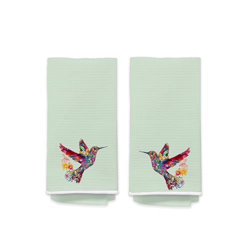 Light Green Hummingbird Guest Bathroom Hand Towels set of 2 , Floral Bird Decorative Kitchen Hand Towel, Spring Summer Decor, HummingBird Gifts for Women Unique, Housewarming Gift Idea New Home402 - color: Hummingbird006