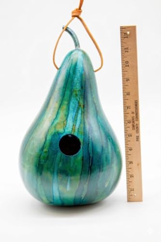 Blue Striped Handmade Gourd Birdhouse, 9–11" Tall | Ink Dyed Natural, 1.5" Entrance Hole for Wrens, Chickadees & Bluebirds, Hanging Garden Decor, With Drainage