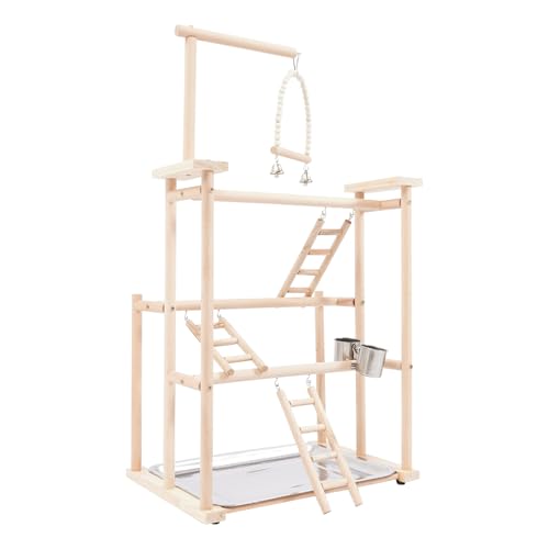 Parrots Rack, Wood Bird Playing Stand, Pet Parrot Rack Playground Wood Perch Gym Stand Playpen Ladder with Toys Exercise Playgym with Feeder Cups Toys Exercise Play
