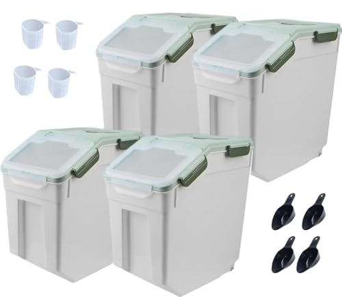 25LB Large Flour Storage Container Bin,Green Airtight Plastic with Wheels Seal Locking Lid Dispenser Organizer Storage Bin with Measuring Cup & Scoop for Flour, Rice, Grain，Set of 4 - color: Green 25LB，4Pcs