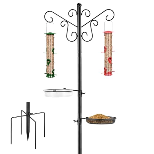 Bird Feeding Station,Heavy Duty Bird Feeder Pole with Upgraded Thickened Pole & 5-Prong Base,Hanging Hooks,Mesh Tray,Water Bowl w/Metal Snap Fastening,Wind-Resistant Wild Bird Feeding Kit for Outdoors