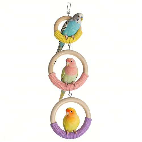 3-Ring Bird Wooden Swing Climbing Toy Chewable Cotton Rope Perch for Cage | Cockatiels Budgies Parakeets Lovebirds, Easy to Install & Clean, Multi-Play