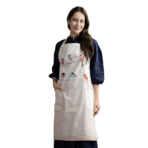 Maison d' Hermine Aprons for women with Pocket 100% Cotton (27.50"x31.50") | Adjustable Neck Strap & long ties Apron Men Chef Wedding Cooking Gardening Server Maid - color: 031 - Birdies on Wire