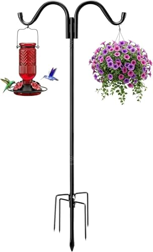 Garden Double Shepherds Hook 67 Inch Adjustable Bird Feeder Pole with 5 Prongs Base Heavy Duty Rustproof Shepards Hooks for Outdoor Hummingbird Feeder Stand, Solar Lights, Lanterns