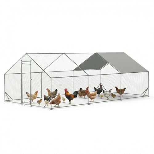 Large Walk-in Metal Chicken Coop – 19.6’l/6.5’l x 9.8’w x 6.4’h, Heavy-Duty Spire Roof Poultry Cage with Waterproof UV Cover & PVC Hexagonal Mesh – Outdoor Hen Run, Rabbit Habitat, Duck House - size: 9.84 x 19.69 x 6.4 FT