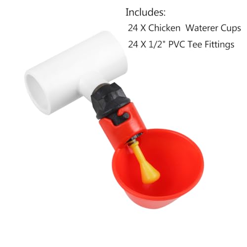 24 Pack Automatic Chicken Waterer Cups with PVC Tee, Chicken Water Feeder Chicken Water Bowls Poultry Water Feeder Kit for Chicks, Duck, Goose, Turkey and Bunny