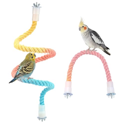 2pcs Gradient Bendable Bird Rope Perch Stands Flexible Bird Cage Climbing Rope Toys Accessories of 26mm Screw for Cockatiels Lovebird Parakeet Budgies Sugar Gliders Hemp Swing (14"+31.5") - size: 1 Short + 1 Long