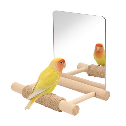 Litewoo 6.7" Bird Mirror for Cage Wooden Hanging Parrot Perch Swing Toy | Acrylic mirror with wooden stand, hemp rope for foot care, reduces bird loneliness, for parakeet/budgie/cockatiel/lovebird