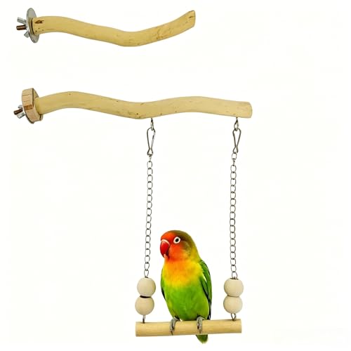 Bird Perch and Swing Set for Small Birds, Natural Wood Cage Accessories | 2-in-1 Integrated Perch with Hanging Swing for Budgies, Parakeets, Cockatiels & Lovebirds, Encourages Climbing & Activity - size: Short