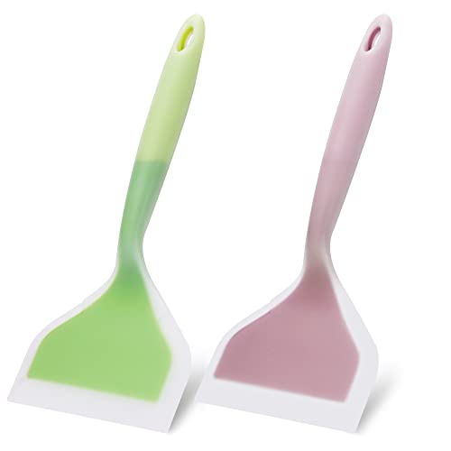 2 Pack Silicone Pancakes Spatula,Wide Pancakes Spatula Turner for Eggs Fish Pizza and Steak Shovel Omelette Spatulas for Nonstick Cookware,Heat Resistant Kitchen Flipper Spatulas for Cooking (GP) - color: Green and Pink