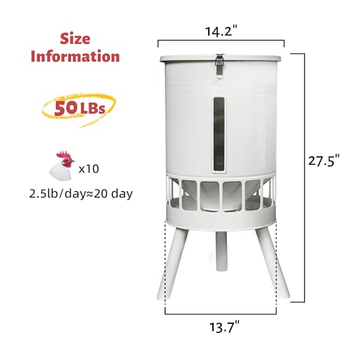 KOL 50LB Metal Chicken Feeder - No Waste, No Clog Design with 16 Ports & Smooth Gravity-Flow, Powder Coated Rust-Proof for Coop Use (Jade White) - color: Jade White
