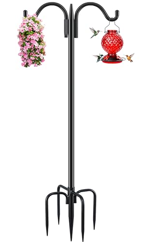 Gtongoko Bird Feeder Pole for Outdoors Heavy Duty, 63 Inch Double Shepherds Hook with 5-Prong Stable Base, 5/8 Inch Thick Hummingbird Feeder Stand for Hanging Plants, Lanterns, 1 Pack - size: 63 Inch