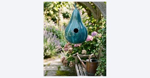 Blue Striped Handmade Gourd Birdhouse, 9–11" Tall | Ink Dyed Natural, 1.5" Entrance Hole for Wrens, Chickadees & Bluebirds, Hanging Garden Decor, With Drainage