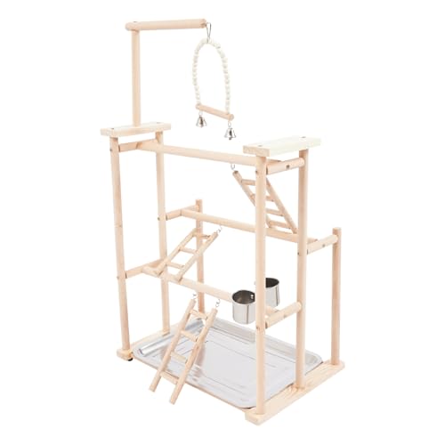 Parrots Rack, Wood Bird Playing Stand, Pet Parrot Rack Playground Wood Perch Gym Stand Playpen Ladder with Toys Exercise Playgym with Feeder Cups Toys Exercise Play
