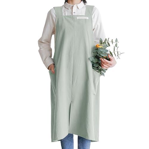 Cotton Aprons for Women and Men | Cross-Back Apron with Pockets - color: Light Green