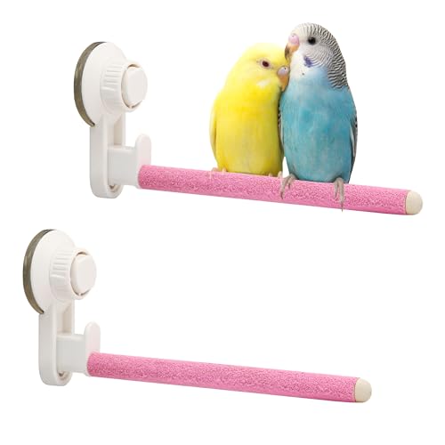 2Pcs Suction Cup Bird Perch,Wooden Parrot Window/Mirror/Car/Travel/Shower Perches Stand Quartz Portable Parakeet Grinding Stick Training Toys for Small and Medium Birds(Pink) - color: 2 Pcs-Pink Sticks