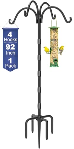 Upgrade 4-Hook Shepherds Hooks for Outdoor with Plastic Tube, 92" Heavy Duty Bird Feeder Pole with 5 Prongs Base, Adjustable Garden Hook for Solar Light, Hanging Plant, Wedding Decor, 1 Pack