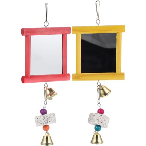 Yardwe Bird Cage Toys 2Pcs Hanging Mirror Toys with Bells and Pecking Blocks for Parrots Chickens Roosters Interactive Chew Toys for Bird Cage