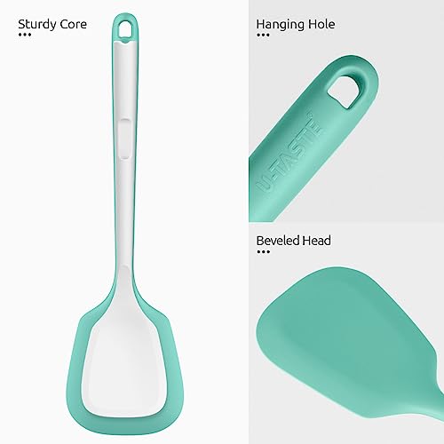 U-Taste 600ºF Heat Resistant 13.6in Long Solid & Slotted Silicone Turner and 600ºF Heat Resistat Silicone Flexible Baking Spoon Spatula & Cooking Scoop Spoonula (Aqua Sky)