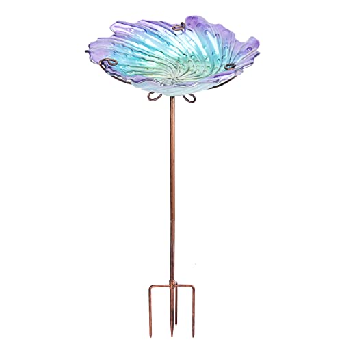MUMTOP Bird Bath for Outside, Glass Birdbath Birdfeeder Purple Garden Stake | 26 Inch Flower Bird Bath for Outdoors with Four-Prong Ground Stake, Stable and Durable Design, Easy to Clean, Outdoor Decor - color: Purple