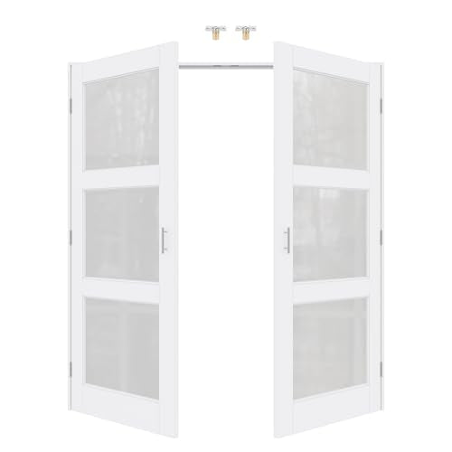 64x80 Interior French Door,3-Lite Frosted Glass Doors,DIY Prehung Room Door | Prefinished & Paintable Double Doors with Ball Catches & Hinges & Handles, Tempered Frosted Glass, Interior Swing Closet Door - color: 3 Panel Frosted Glass, size: 64" x 80"