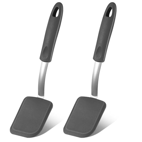 Silicone Cookie Spatula Turner 2 Pack Mini Brownie Spatula Flexible Kitchen Small Silicone Turner for Nonstick Cookware Heat Resistant No Scratch Flipper for Egg(Solid Flat,Grey) - color: Gray