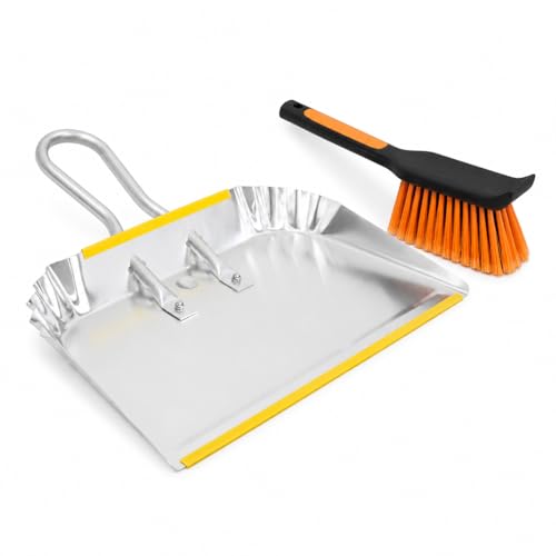 17" Heavy Duty Metal Dust Pan with Brush Set | Large Wide Mouth Dustpan with Stiff Bristle Cleaning Brush for Garage, Wood Stove, Workshop and Outdoor Cleanup, Silver - size: 1 Count (Pack of 1) with Brush