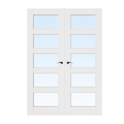 56x80 Interior French Door,5-Lite Clear Glass Doors,Living Room Doors | Matte Black Hardware-Privacy Door Lever with Lock, Latch&Hinges, Solid Core,Tempered Glass,No PreDrill,Jamb Assembly Required - color: 5 Lite, Black Hinges, size: 56x80 for 58x82 open