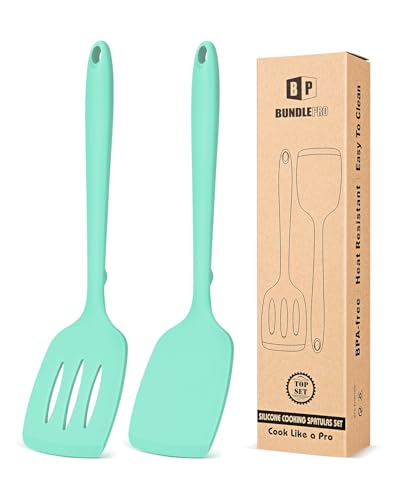 Pack of 2 Silicone Spatula Turners, Non Stick Slotted Kitchen Spatula Set, Heat Resistant BPA Free Kitchen Utensils, One-Piece Design, Suitable for Flipping Fish, Eggs, Steak, Pancakes (GREEN) - color: Green