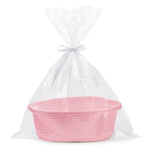 Pro Goleem Small Woven Basket with Gift Bags and Ribbons Durable Baskets for Gifts Empty Small Rope Basket for Storage 12"X 8" X 5" Baby Toy Basket with Handles, Pink - color: pink