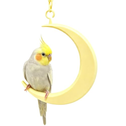 Hanging Moon Bird-Swing Perch, Parakeet Swing Toys with Chain, Grinding Claw Beak Cage Accessory for Small Parrots - color: Yellow Moon