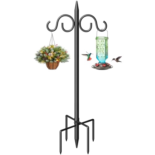 Double Shepherds Hooks for Outdoor, 92 Inch Heavy Duty Bird Feeder Pole with 5 Prongs Base, Adjustable Shepherds Hook for Bird Feeder, Garden, Weddings, Hanging Plant, 1 Pack - size: 92 Inch