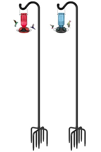 Adjustable Shepherd Hook Bird Feeder Pole with 7 Prongs Base, 108 Inch Tall 5/8 Inch Thick, Heavy Duty Outdoor Garden Poles for Hanging Bird Feeders, Plant Baskets, Black (2 Pack) - size: 108 Inch