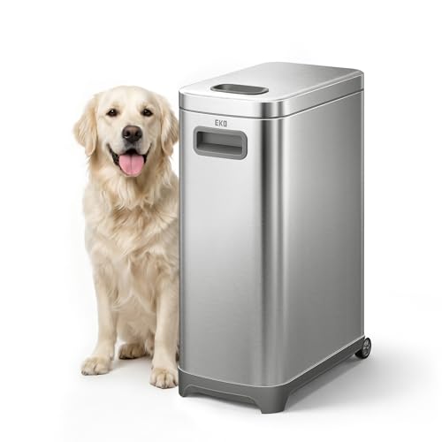 EKO 45 lb Airtight Dog Food Storage Container, Stainless Steel Pet Food Container for Kibble, Cat Food & Bird Seed, Lockable Lid, Magnetic Scoop, BPA-Free Inner Bucket, Wheels