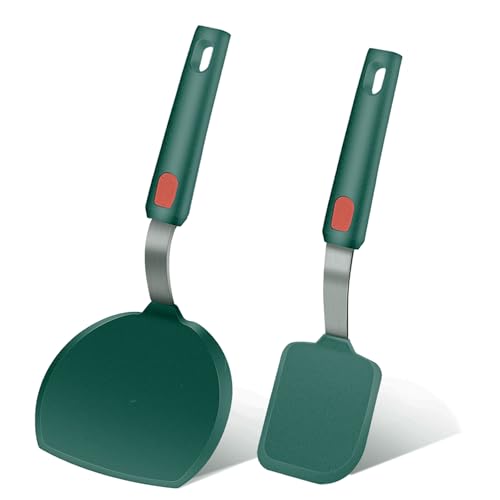 2Pcs Silicone Spatula Turner,Wide Pancake Spatulas utensils set for cooking,Heat Resistant Non-Stick Kitchen Use s for Flipping Pancakes, Omelettes, Fish,Dishwasher Safe.(Green) - color: Set of 2 Green