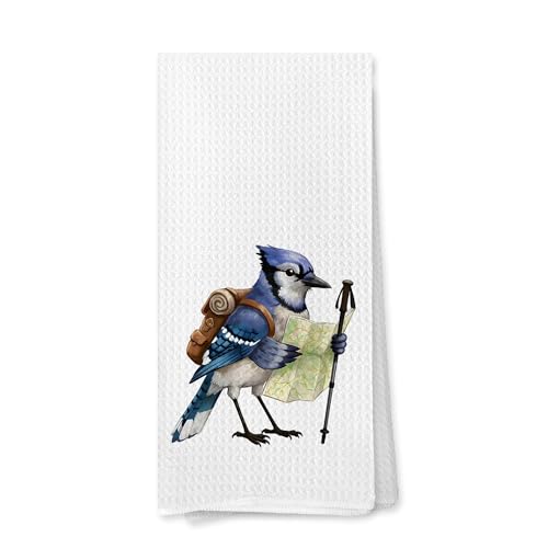 Funny Blue Jay Bird Hiking Decorative Hand Towel for Bathroom, Bird Lover Watcher Gifts, Gifts for Hiking Camping Adventure Lovers Dish Tea Towels for Kitchen, 16x24 Inches
