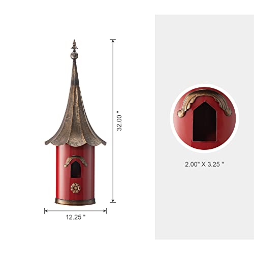 Glitzhome 32”H Metal Hanging Birdhouse for Outdoors Oversized Farmhouse Pagoda Painted Bird House with Bronze Roof for Bluebird Wren Chickadee Sparrow Bird Nest Box for Garden Patio, Retro Red - color: Retro Red