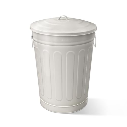 Plexon 13 Gallon Metal Trash Can with Lid Outdoor Vintage Trash Can Steel Retro Garbage Can for Kitchen Farmhouse Rustic Bird Seed Storage Pet Food Cute Bucket, Off-White - color: Off-White