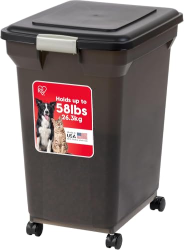 IRIS USA Dog Food Storage Container, Up to 58 lbs, Smoke Black, Made in USA | Wheels for Mobility, Airtight Seal, BPA-Free, Best for Bird Seed, Cat food, Cat Litter, Chicken Feed, Pellets - color: Smoke, size: 58 lbs